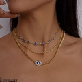 Dreilagige Goldkette mit blauen Emaille-Augenperlen und glänzenden Kristallanhängern - Halskette-Gold (3er-Set)