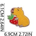 Detailed close-up of Capybara embroidery patch holding a strawberry with dimensions - Capybara Style