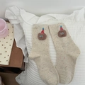 Beigefarbene Wadenstrümpfe mit bunten Punkten und süßer Bären-Stickerei - Einheitsgröße / Beige Keks
