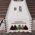 Linen Christmas table runner with festive trees and plaid border on rustic wood table - 33*183cm / White Black Plaid Christmas Tree