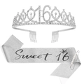 Set compleanno 16 anni argento con tiara di strass, fascia glitterata e spilla di perle - 16 Anni Argento (Tiara E Fascia Argentata E Spilla di Perle)