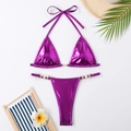 Metallic purple triangle bikini set with pearl details on high-cut bottom on white background - S / Top And Bottom / Purple