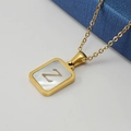Gold plated stainless steel square necklace with shell inlay and letter Z pendant - Gold Letter Z