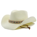 Detalle de sombrero de paja vaquero con banda tejida bohemia y barboquejo en color café - M (56-58cm) / crema