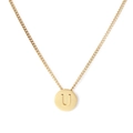 Golden stainless steel cable chain necklace with round pendant featuring engraved letter U - Letter U (KN118659-K)