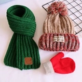 Set invernale in maglia per bambini con sciarpa verde, cappello con pompon e muffole - Cappello Colore Misto Foderato in Pile + Sciarpa + Muffole / Set Rosa Verde / 1-3 Anni