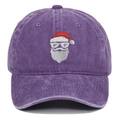 Close-up of Santa Claus embroidery with silver sunglasses on washed purple cotton cap - Adjustable / Purple