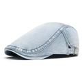 Light blue washed denim flat cap with adjustable metal buckle and vintage stitching - Light Blue