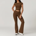 Women's brown quick-dry yoga set featuring short sleeve crop top and flared leggings - S / Top And Bottom / Short Sleeve + Flare Pants / Light Coffee