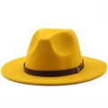 Close-up of vibrant yellow fedora hat with dark brown leather band and metal buckle - M (56-58cm) / Yellow