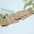 Detail of khaki elastic corset belt with metallic rivets and a large buckle closure - Khaki
