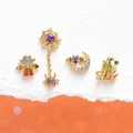 Golden Halloween earring set with purple zircon bat, witch, and spider web charms - Moon Bat / Gold