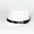 Detail of white straw fedora hat featuring a black leather band and metal buckle - 58 / White