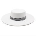 Elegant white wool felt fedora hat with black and white striped ribbon and 10cm wide brim - M(56-58cm) / White