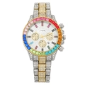 Luxury women's quartz watch with rainbow crystal bezel and silver gold diamond strap - Two-tone Gold Band White Dial