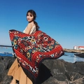 Red bohemian cotton linen shawl with geometric floral patterns and fringe details - Red Geometric Floral Style (37128)