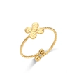 Detailed view of adjustable 18K gold plated twisted ring with hammered floral motif - Four-Petal Flower / Adjustable Open