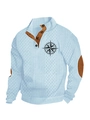 Men's light blue knit pullover with brown elbow patches and buttoned stand collar - S / Tops / Sky Blue (Compass Pattern)