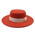 Detailed 45-degree view of orange wool felt boater hat with beige ribbon band - M (56-58cm) / Rust Red with Beige Ribbon