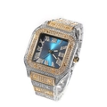 Macro shot of luxury square watch face with blue gradient, Roman numerals, and inlaid diamonds - Two-Tone (Blue Dial)