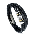 Pulsera multicapa de cuero trenzado para hombre con cuentas de estrella-luna y cierre imán - 21cm / Color Acero/Negro