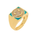 Adjustable 18K gold plated ring with a turquoise enamel smiling face and zircon stones - US 7 / Blue Square Micro-pave Smiley