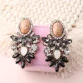 Bohemian crystal drop earrings featuring brown marble stones and teardrop gems on velvet - Black