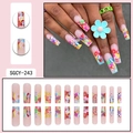 Long square graffiti press-on nails with colorful cartoon floral patterns and 24pc set - SGCY-243 / Glue Type