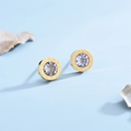 Gold-plated stainless steel roman numeral stud earrings with lavender cubic zirconia - White