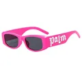 Retro vibrant rose pink rectangular children's sunglasses with silver palm text design - Rose Red Frame Grey Lens