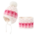 Detail of kids knit hat and scarf set with jacquard tree pattern and plush pompom - White