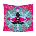 Close-up of pink yoga tapestry with black meditation silhouette and seven chakra symbols - Qy419-7