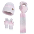 Pink and grey gradient knit winter set with beanie, scarf, and matching gloves - Three-Piece Set / Pink