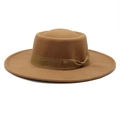 Classic brown wool felt flat top boater hat with a wide brim and ribbon band decoration - M (56-58cm) / Khaki