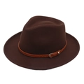 Detail of dark brown fedora hat featuring a leather band and gold metal buckle - One Size (With Yellow Belt) / Dark Coffee (Heart Curly Edge)