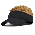 Detail shot of a black visor cap with curly brown wig hair for parties and golf - Head Circumference 55-60cm / Black Hat with Brown Wig