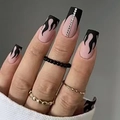Long square press-on nails with nude pink base, black flame art, and silver rhinestones - Black Flame Matte Style - With Glue (D-79)