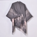 Detailed view of gray and pink plaid shawl texture with fringe and herringbone pattern - Plaid Tassel Gray Tie-up (Silver Thread)