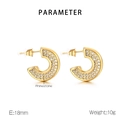 Detailed view of 18k gold plated C-shaped earrings with rhinestones showing 18mm size specs - Gold (KE112662-KFC)