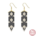 S925 sterling silver dangle earrings with black and beige geometric beads on gold hooks - Geo Black White Gold Bead - Gold