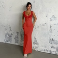 Slim fit sleeveless red dress with ruffle trim and neck tie detail in brick red color - XS / Red