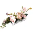 Bridal hair comb with pink artificial roses, green leaves, and purple berries - FS32-1 Pink