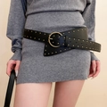 Ceinture rétro en cuir noir avec clous dorés et boucle à grand anneau métallique femme - 30# Boucle à grand anneau noir rivet doré