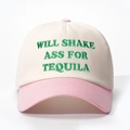 Détail de la broderie WILL SHAKE ASS FOR TEQUILA sur une casquette de baseball bicolore - Blanc Cassé et Rose
