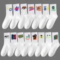 Set of white mid-tube cotton socks with various street-style graffiti and letter prints - 15 Pairs (White Mix - 1 Pair per Style)