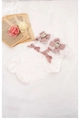 White Lolita lace socks with pink bows and rhinestone pearls on a romantic floral background - White/Pink Bow