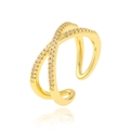 Elegant gold crossover open ring with pavé micro-set cubic zirconia in a modern style - Adjustable Open / Crisscross Rhinestone(J-1273)