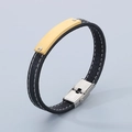 Bracciale da uomo in pelle nera con piastra dorata e fibbia in acciaio inox - 19cm / Oro