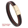 Men's hand-woven brown leather bracelet with 21cm golden magnetic clasp closure - 21cm / Gold Clasp Brown Leather
