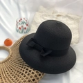Elegante sombrero cloche de paja trenzada negra con lazo de satén para el sol de verano - Negro
